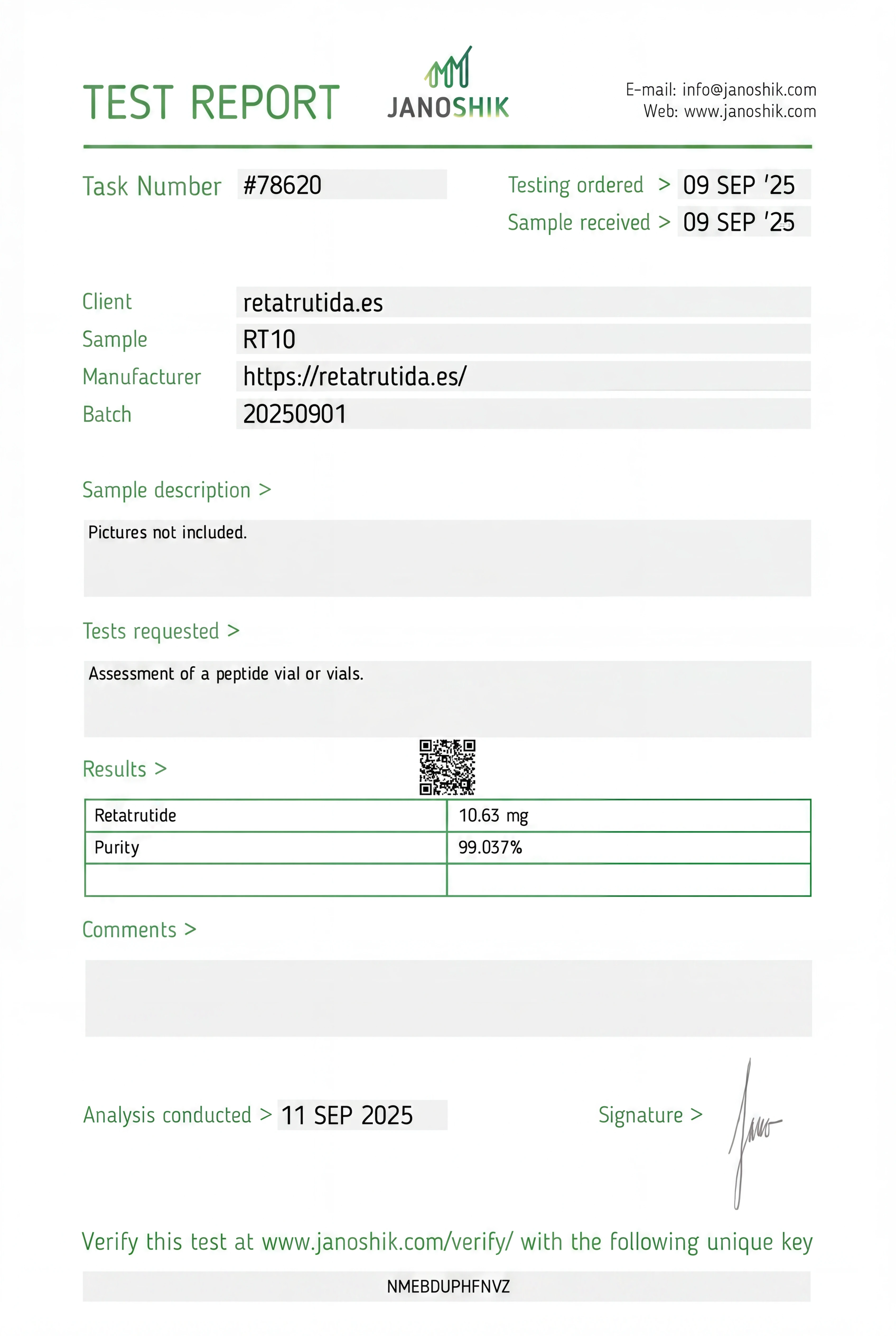 Certificado de análisis Janoshik retatrutida lote 20250901 — pureza HPLC 99,037%